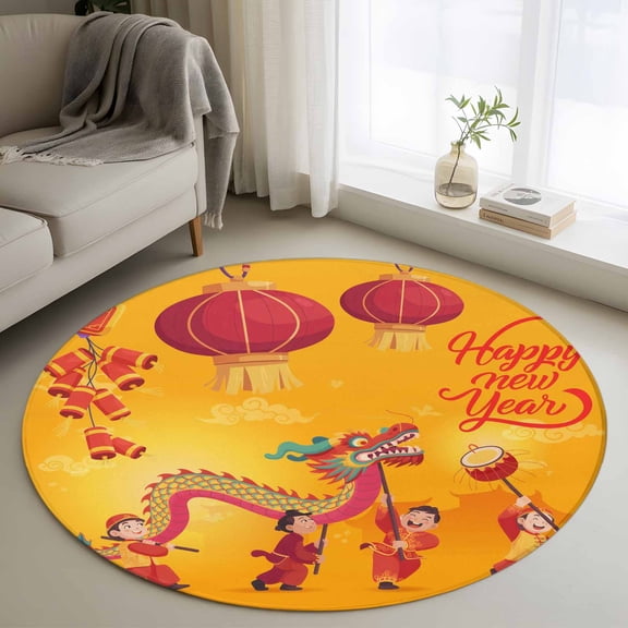 Happy New Year 3ft Area Rug, Red Yellow Dragon Dance Washable Non-Slip Small Round Rugs for Entryway Bedroom Kitchen, Soft Circle Carpet for Dining Room, Playroom Nursery Rug