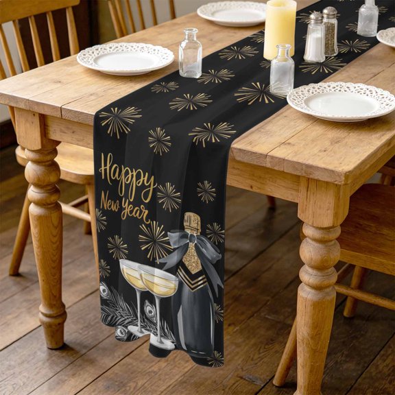 Happy New Year 4.5ft Cheesecloth Table Runner for Wedding 19"x55", Champagne Cup Gold Fireworks Feather Black Kitchen Dinner Sheer Tulle Chiffon Dresser Scarf, Holiday Party Decorations