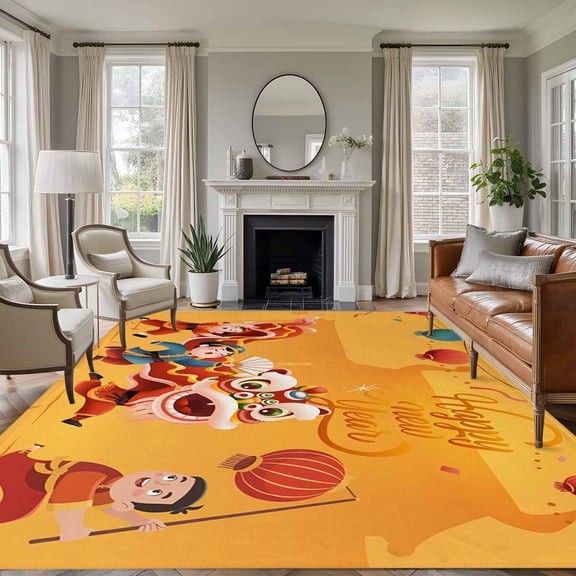 Happy New Year 6'x9' Area Rug for Living Room, Spring Festival Red Yellow Dragon Dance Non-Slip Floor Mat Rugs for Bedroom Dining Room, Indoor Large Carpet for Classroom, Nursery Rugs for Playroom