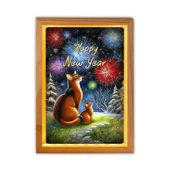 Happy New Year Abyssinian Family Cheer Winter Midnight Firework Acrylic Plaque with Wood Photo Frame Box Cat Lover Kitten Owner Gifts Light Box - 02025