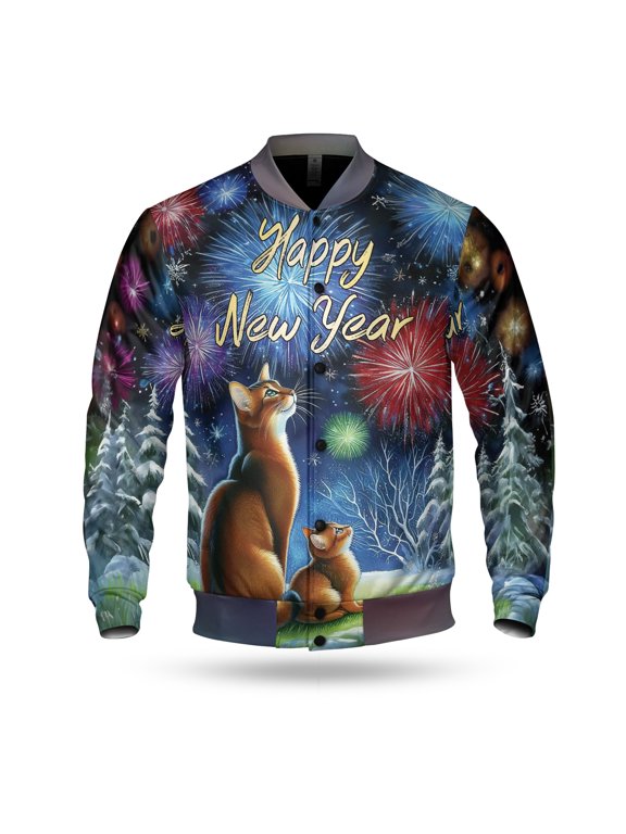 Happy New Year Abyssinian Family Cheer Winter Midnight Firework All Over Print 3D Baseball Jacket Cat Lover Kitten Owner Gifts Bomber Jacket Softball - 02025