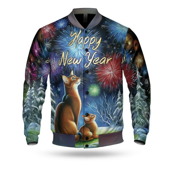 Happy New Year Abyssinian Family Cheer Winter Midnight Firework All Over Print 3D Baseball Jacket Cat Lover Kitten Owner Gifts Bomber Jacket Softball - 02025