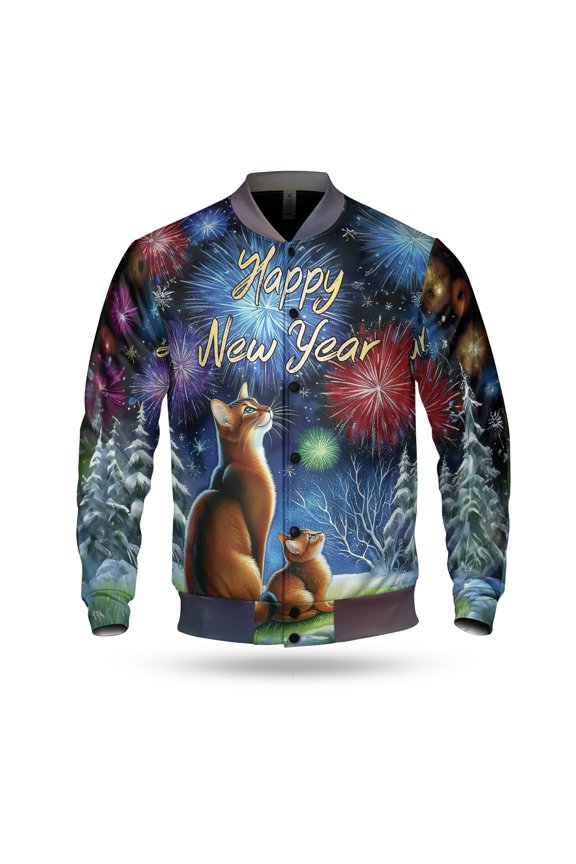 Happy New Year Abyssinian Family Cheer Winter Midnight Firework All Over Print 3D Baseball Jacket Cat Lover Kitten Owner Gifts Bomber Jacket Softball - 02025