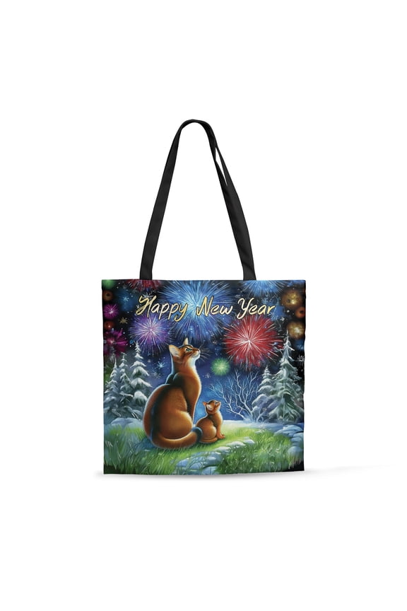 Happy New Year Abyssinian Family Cheer Winter Midnight Firework All Over Print 3D Canvas Tote Bag Cat Lover Kitten Owner Gifts Reusable Handbag - 02025