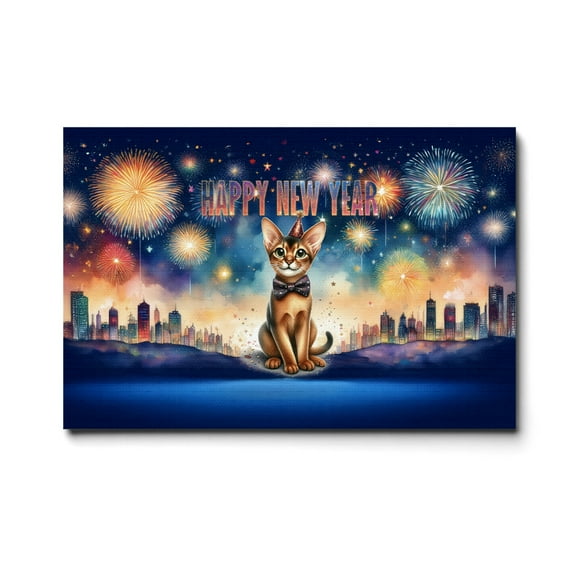 Happy New Year with Abyssinian Fireworks Holiday Xmas Winter 2025 Horizontal Matte Canvas Poster Cat Lover Kitten Owner Gifts Wall Art Home Decor - 00025