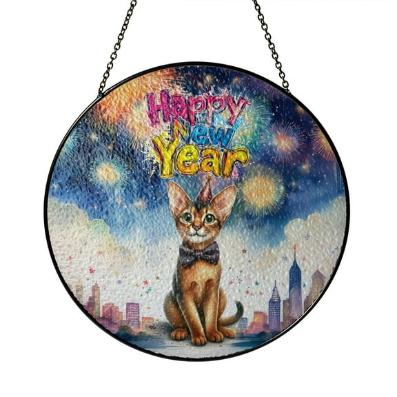 Happy New Year with Abyssinian Fireworks Holiday Xmas Winter 2025 Stained Glass Suncatcher Cat Lover Kitten Owner Gifts Window Hanging Sign Decor - 00025