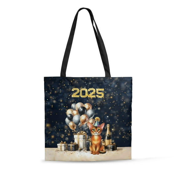 Happy New Year Abyssinian Welcome 2025 Balloon Firework Party All Over Print 3D Canvas Tote Bag Cat Lover Kitten Owner Gifts Reusable Handbag - 01014