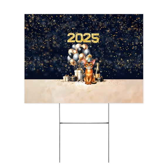 Happy New Year Abyssinian Welcome 2025 Balloon Firework Party Yard Sign Cat Lover Kitten Owner Gifts Outdoor Home Lawn Garden Porch Decor - 01014