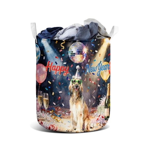 Happy New Year Afghan Hound Chills on Year-End Party Foldable Laundry Basket Dog Lover Organizer Storage with Handles - 12023