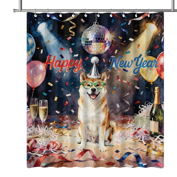 Happy New Year Akita Chills on Year-End Party Shower Curtain Inu Dog Lover Waterproof Bathroom Bathtub Curtain - 12023