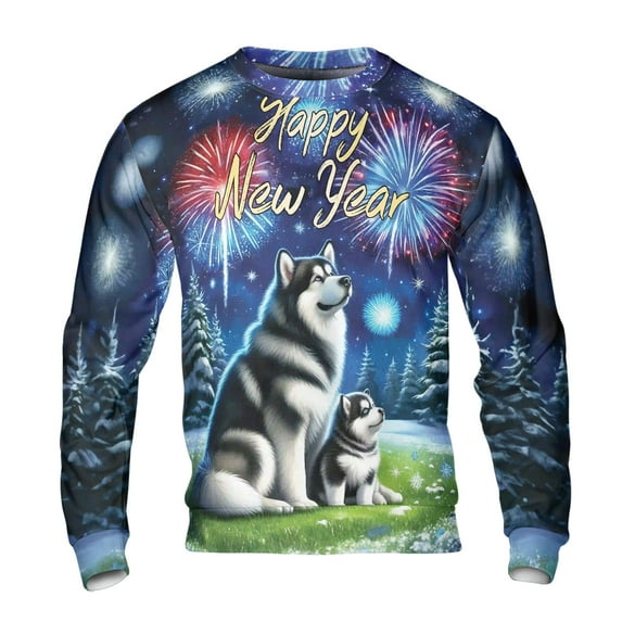 Happy New Year Alaskan Malamute Family Cheer Winter Midnight Firework All Over Print 3D Sweatshirt Unisex Merch Alaska Mal Dog Lovers Gifts - 02025