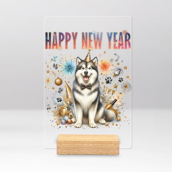 Happy New Year with Alaskan Malamute Fireworks Holiday Xmas Winter 2025 Acrylic Plaque Sign Ashwood Base Alaska Mal Dog Lovers Gifts Home Desk Decor - 00025