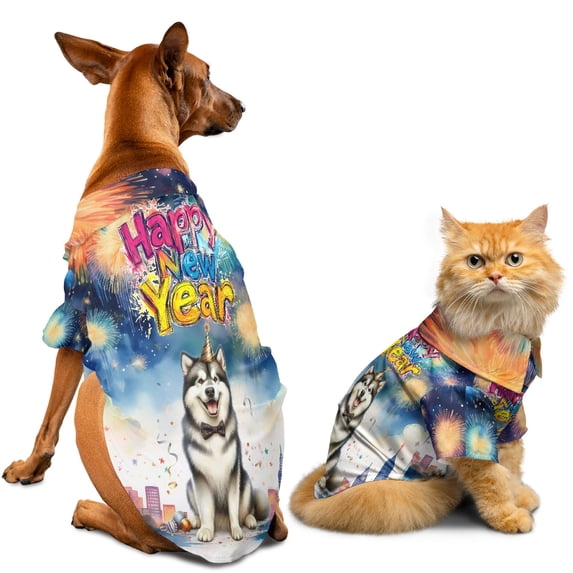 Happy New Year with Alaskan Malamute Fireworks Holiday Xmas Winter 2025 Hawaiian Summer Shirt for Small Medium Large Dog Cat Alaska Mal Dog Lovers Gifts - 00025