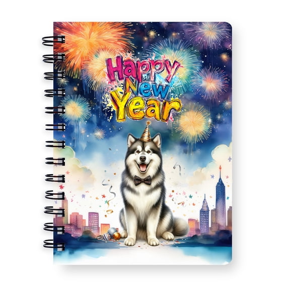 Happy New Year with Alaskan Malamute Fireworks Holiday Xmas Winter 2025 Spiral Bound Journal Alaska Mal Dog Lovers Gifts 5x7in Spiral Notebook - 00025