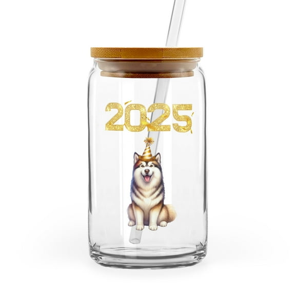 Happy New Year Alaskan Malamute Welcome 2025 Balloon Firework Party 16oz Glass Cup Mug Alaska Mal Dog Lovers Gifts Glass Can with Bamboo Lid and Straw - 01014