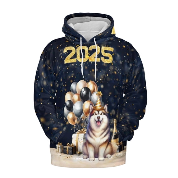 Happy New Year Alaskan Malamute Welcome 2025 Balloon Firework Party All Over Print 3D Hoodie Unisex Merch Hoodies Alaska Mal Dog Lovers Gifts - 01014