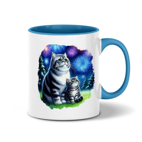 Happy New Year American Shorthair Family Cheer Winter Midnight Firework 11oz Accent Two-tone Mug Cat Lover Kitten Owner Gifts Coffee Tea Cup - 02025