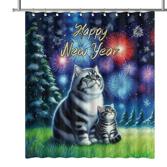 Happy New Year American Shorthair Family Cheer Winter Midnight Firework Shower Curtain Cat Lover Kitten Owner Gifts Waterproof Bathroom Bathtub Curtain - 02025