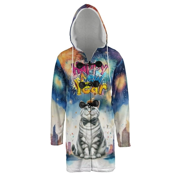 Happy New Year with American Shorthair Fireworks Holiday Xmas Winter 2025 All Over Print 3D Hooded Duffle Toggle Coat Cat Lover Kitten Owner Gifts - 00025