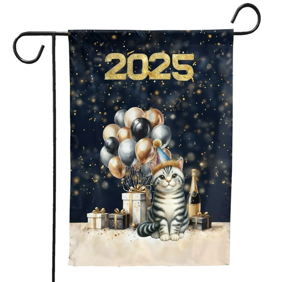Happy New Year American Shorthair Welcome 2025 Balloon Firework Party Garden Flag 12x18in Double Sided Cat Lover Kitten Owner Gifts Outdoor Decor - 01014