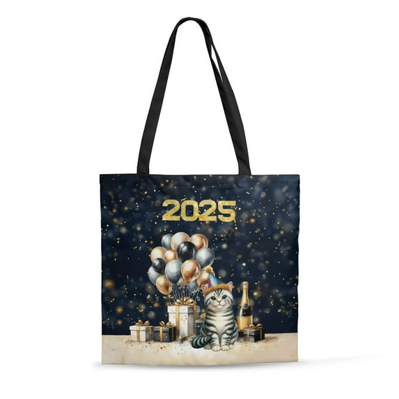Happy New Year American Shorthair Welcome 2025 Balloon Firework Party All Over Print 3D Canvas Tote Bag Cat Lover Kitten Owner Gifts Reusable Handbag - 01014