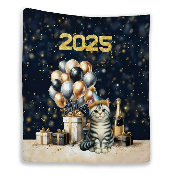 Happy New Year American Shorthair Welcome 2025 Balloon Firework Party Quilt Blanket Cat Lover Kitten Owner Gifts Cozy Comforter Throw Blanket - 01014