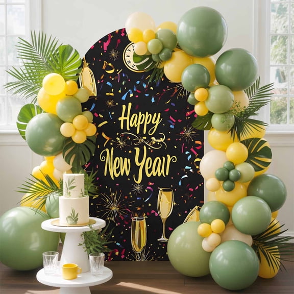 Happy New Year Arch Backdrop Cover, 4FT, Celebrate Firework Colored Ribbon Spandex Arch Covers Double-Sided Backdrop for Wedding Birthday Party Photo Background Decoration