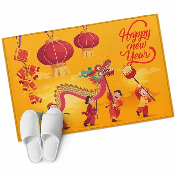 Happy New Year Area Rugs Collection 2'x3', Red Yellow Dragon Dance Non Slip Indoor Rectangle Throw Runner Rug Floor Mat Carpet for Living Room Dining Table Bedroom Nursery
