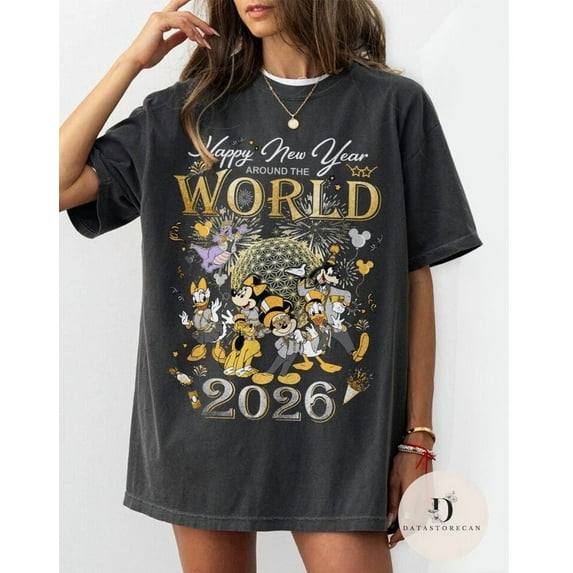 Happy New Year Around the World 2026 Disney Comfort Colors Shirt, Mickey & friends Epcot Happy New Year shirt, WDW New Year's eve Trip Family sweatshirt