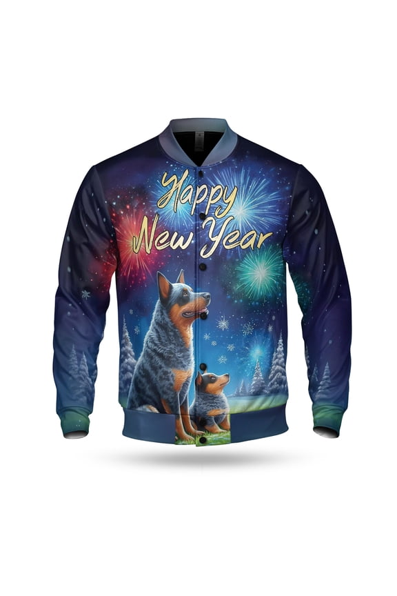 Happy New Year Australian Cattle Dog Family Cheer Winter Midnight Firework All Over Print 3D Baseball Jacket Heeler Lover Gifts Bomber Jacket Softball - 02025