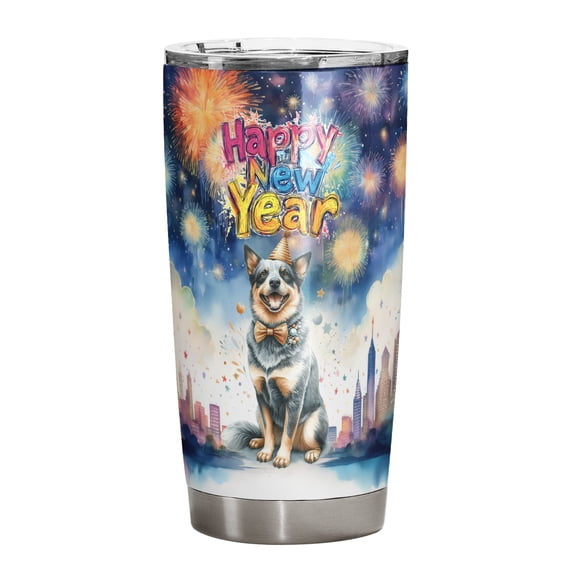Happy New Year with Australian Cattle Dog Fireworks Holiday Xmas Winter 2025 20oz Stainless Steel Tumbler Insulated Cup with Lid Heeler Lover Gifts - 00025