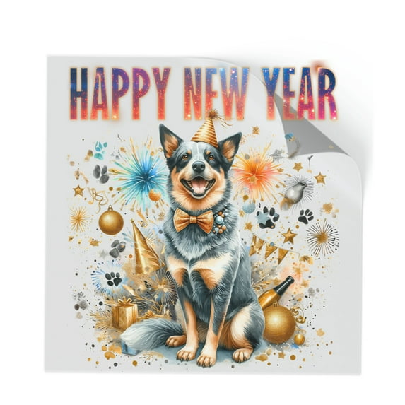 Happy New Year with Australian Cattle Dog Fireworks Holiday Xmas Winter 2025 Cutout Transfer Sticker Heeler Lover Gifts Transparent Decal Art Decor - 00025