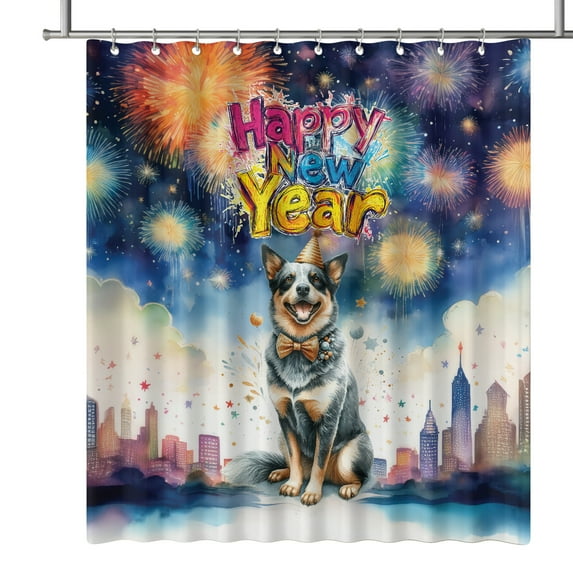 Happy New Year with Australian Cattle Dog Fireworks Holiday Xmas Winter 2025 Shower Curtain Heeler Lover Gifts Waterproof Bathroom Bathtub Curtain - 00025