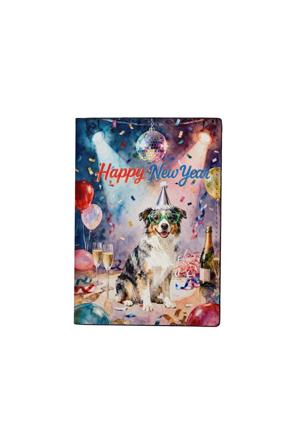 Happy New Year Australian Shepherd Chills on Year-End Party Travel Passport Wallet Aussie Dog Lover Gifts PU Leather Passport Holder Cover - 12023
