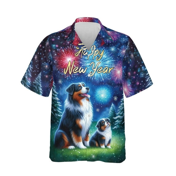 Happy New Year Australian Shepherd Family Cheer Winter Midnight Firework Hawaiian Shirt Breathable Summer Unisex Merch Aussie Dog Lover Gifts - 02025