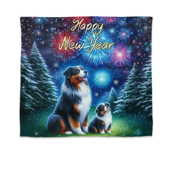 Happy New Year Australian Shepherd Family Cheer Winter Midnight Firework Tapestry Aussie Dog Lover Gifts Wall Hanging Backdrop Home Decor - 02025