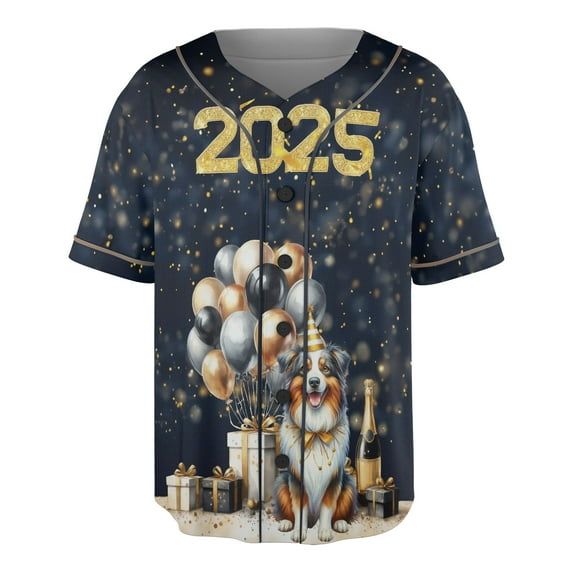 Happy New Year Australian Shepherd Welcome 2025 Balloon Firework Party All Over Print 3D Baseball Shirt Aussie Dog Lover Gifts Softball Sport - 01014