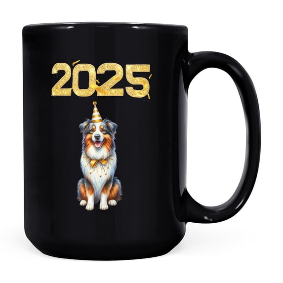 Happy New Year Australian Shepherd Welcome 2025 Balloon Firework Party Mug Aussie Dog Lover Gifts Coffee Tea Cup - 01014
