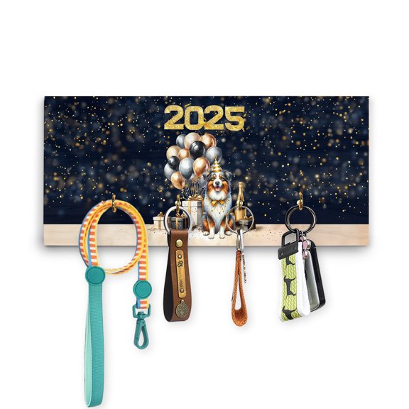 Happy New Year Australian Shepherd Welcome 2025 Balloon Firework Party Wood Key Holder Aussie Dog Lover Gifts Wall-mounted Key Rack Home Decor - 01014