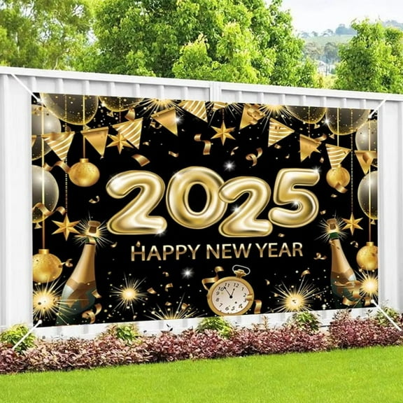 Happy New Year Backdrop 2025 BlackGold Backdrop Happy New Year 6.88 X 4.92ft Happy New Year Decorations Wall Display1 x Happy New Year Banner 2025