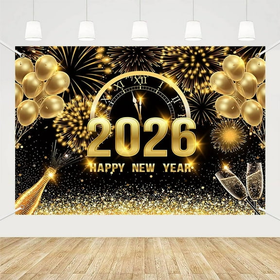 Happy New Year Backdrop 2026,Firework Balloon Decorations Banner Photography Background Party Supplies