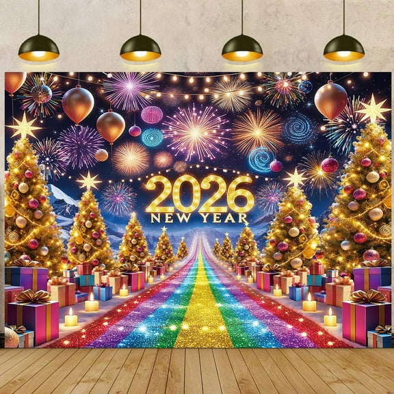 Happy New Year Backdrop 2026 NYE Neon Fireworks New Year Photography Background Winter Holiday New Years Eve Party Decorations Banner Supplies Photo Props