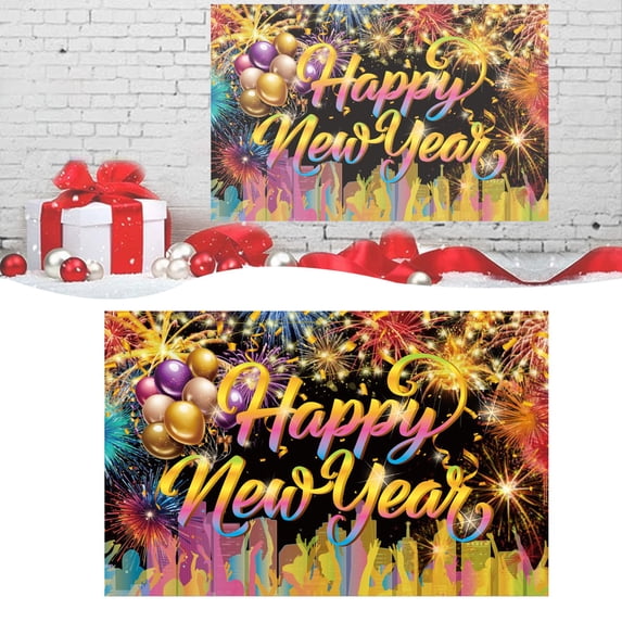 Happy New Year Backdrop Banner, 180*120cm Fabric Sign Poster Background with Firework Balloons Pattern for New Years Eve Party Photo Backdrop Decorations