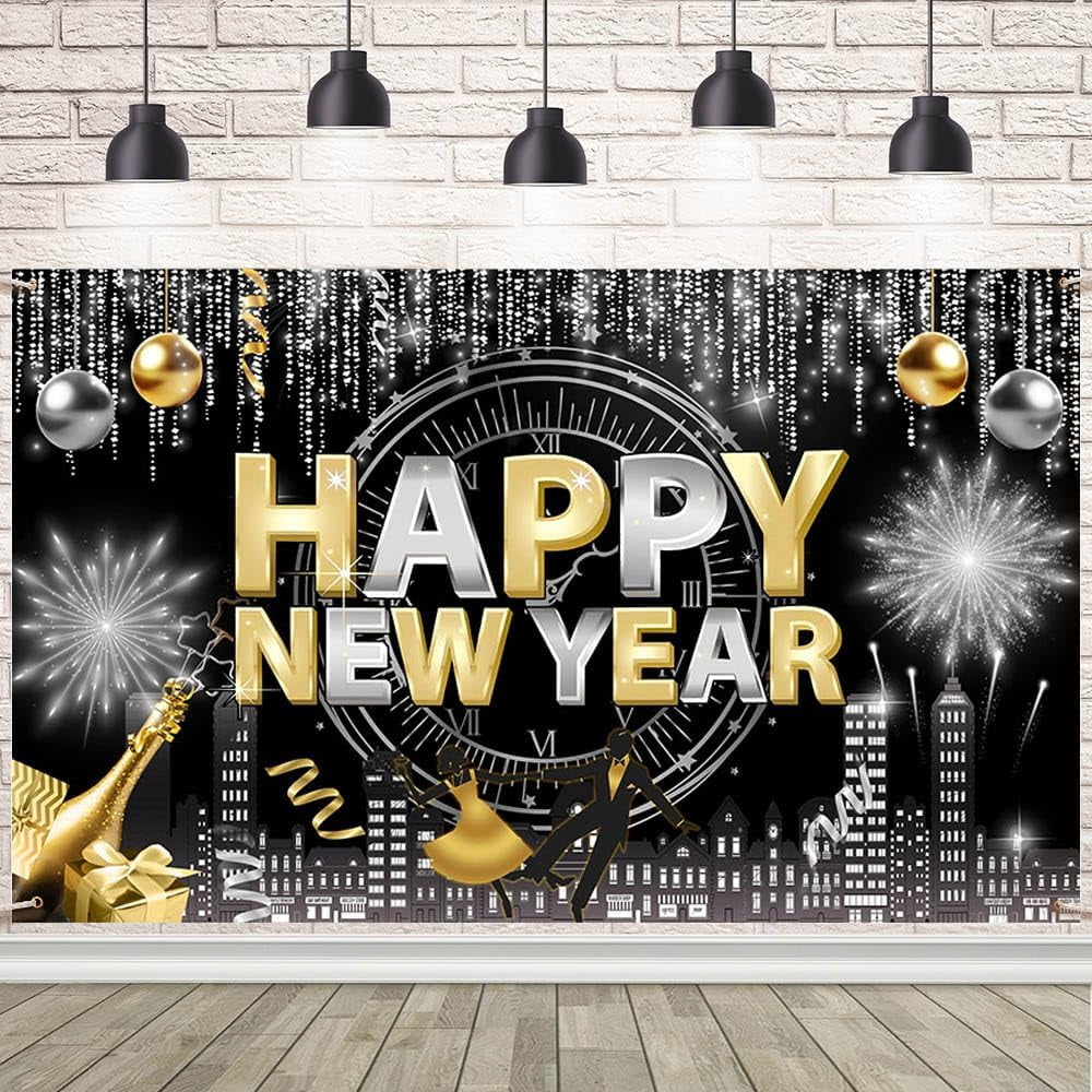 Happy New Year Backdrop Black and Gold New Years Eve Photography
