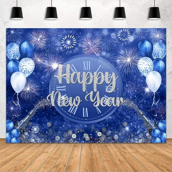 Happy New Year Backdrop Blue 2026 New Year Eve Party Decorations Banner Supplies Shining Champagne Balloons Firework Photography Background New Years Eve Photo Studio Props