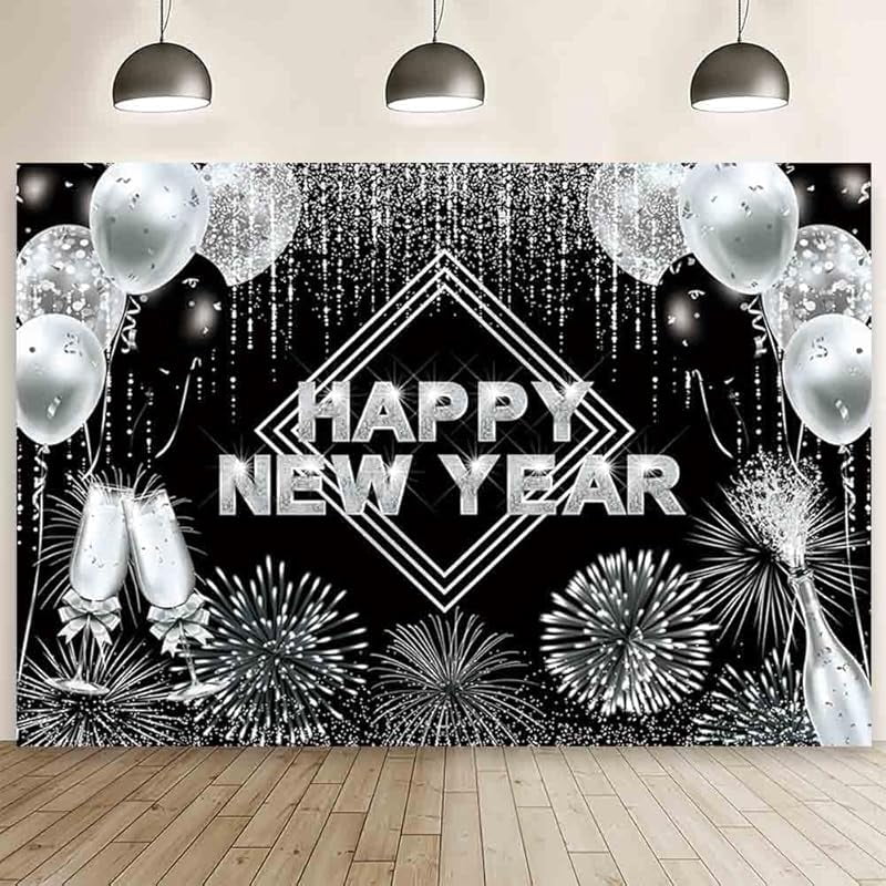 Happy New Year Backdrop Hello 2025 Black and Silver Photography ...