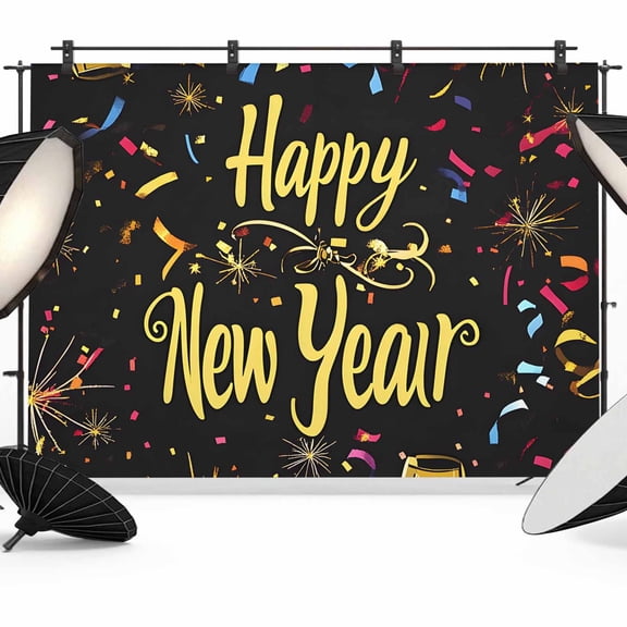 Happy New Year Backdrop for Photography, Celebrate Firework Colored Ribbon Photo Backdrop Portrait Background Party Banner Photo Backgrounds for Studio Booth Props, 7x5ft
