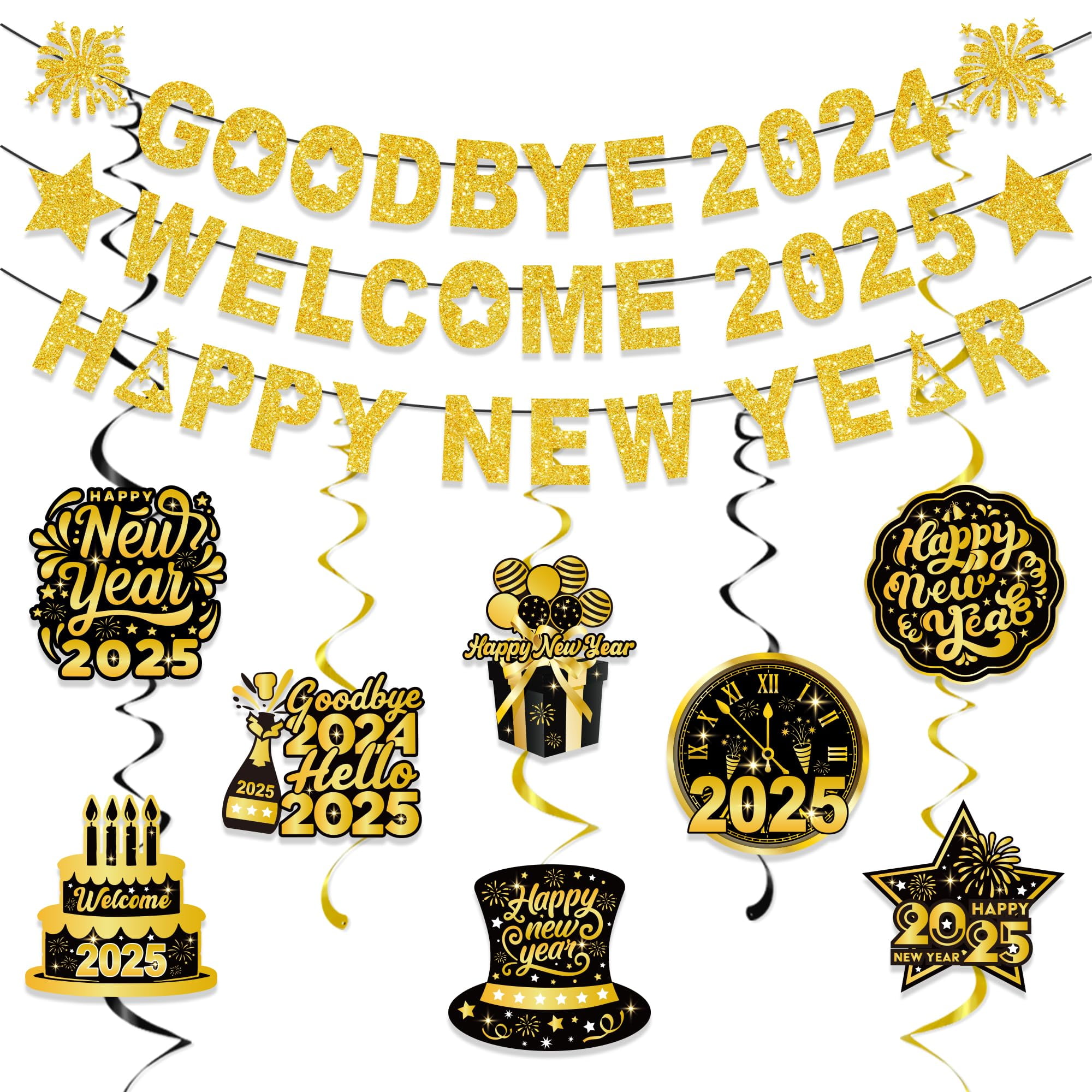 Happy New Year Banner 2025 Party BSL1 Decorations, Black Happy New Year Party Supplies, Hanging