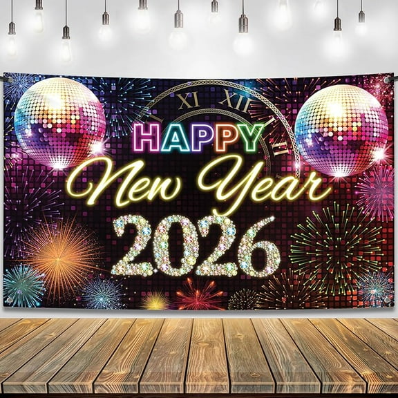 Happy New Year Banner 2026 - 72x44 Inch | New Year Backdrop for Happy New Years Decorations 2026 | Eve Banner 2026 | NYE Decorations 2026 | Indoor Outdoor Celebration Photography Background
