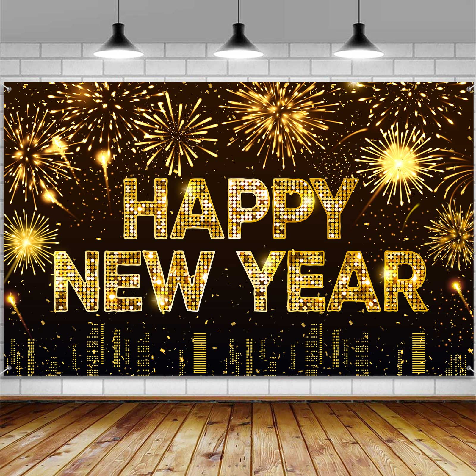 Happy New Year Banner Backdrop, Golden Fireworks New Year Eve Large Banner Party Decorations Supplies, Holiday Sign Poster Background Decor 72X44 Inch